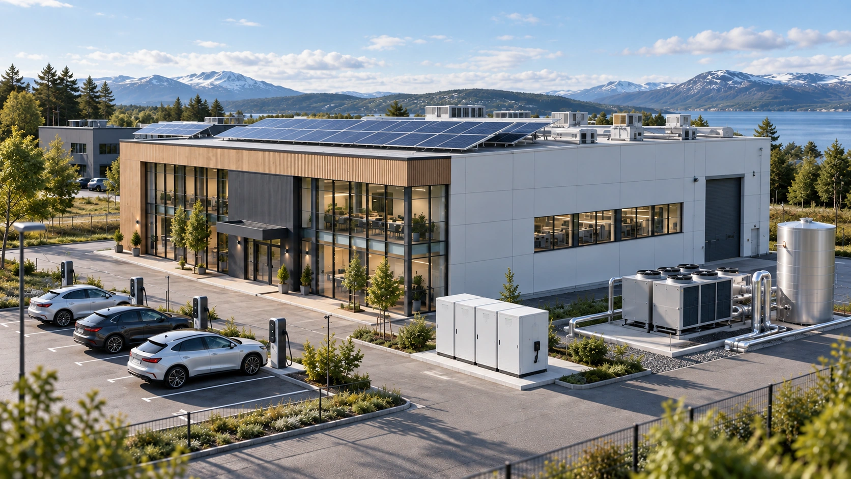 Modern commercial energy flexibility site with rooftop solar, EV charging, thermal systems and battery storage, illustrating EnerVectum's integrated energy approach
