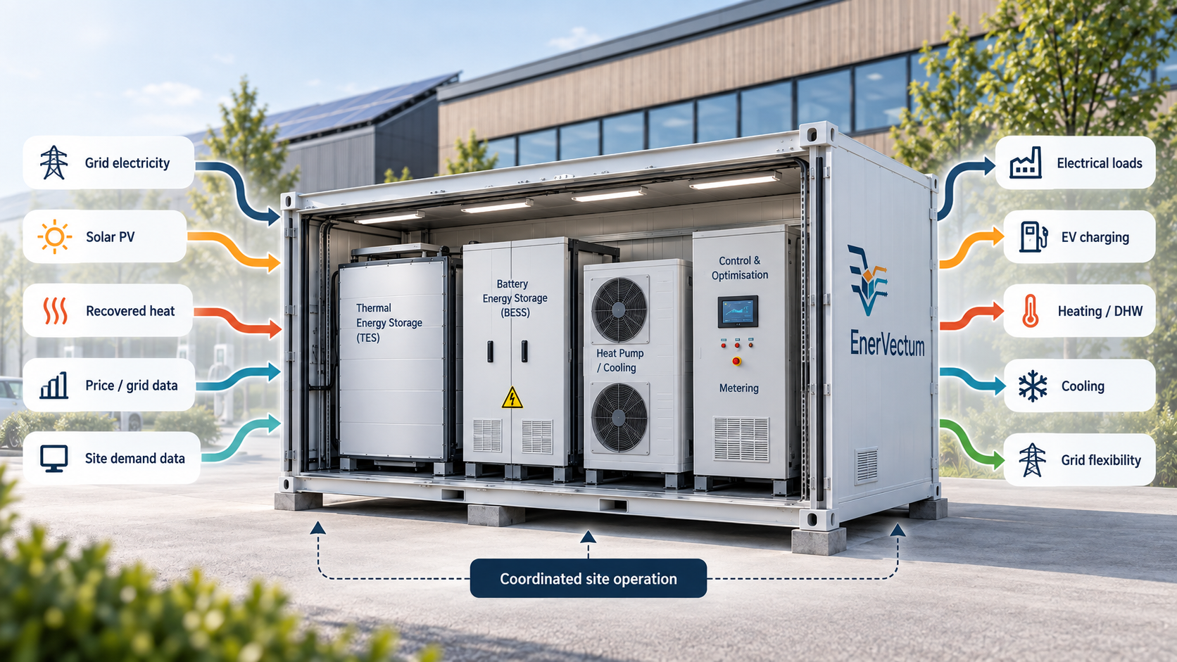 EnerVectum FlexHub integrated energy architecture showing grid electricity, solar PV, recovered heat, TES, BESS, heat pump, control system, electrical loads, EV charging, heating, cooling and grid flexibility